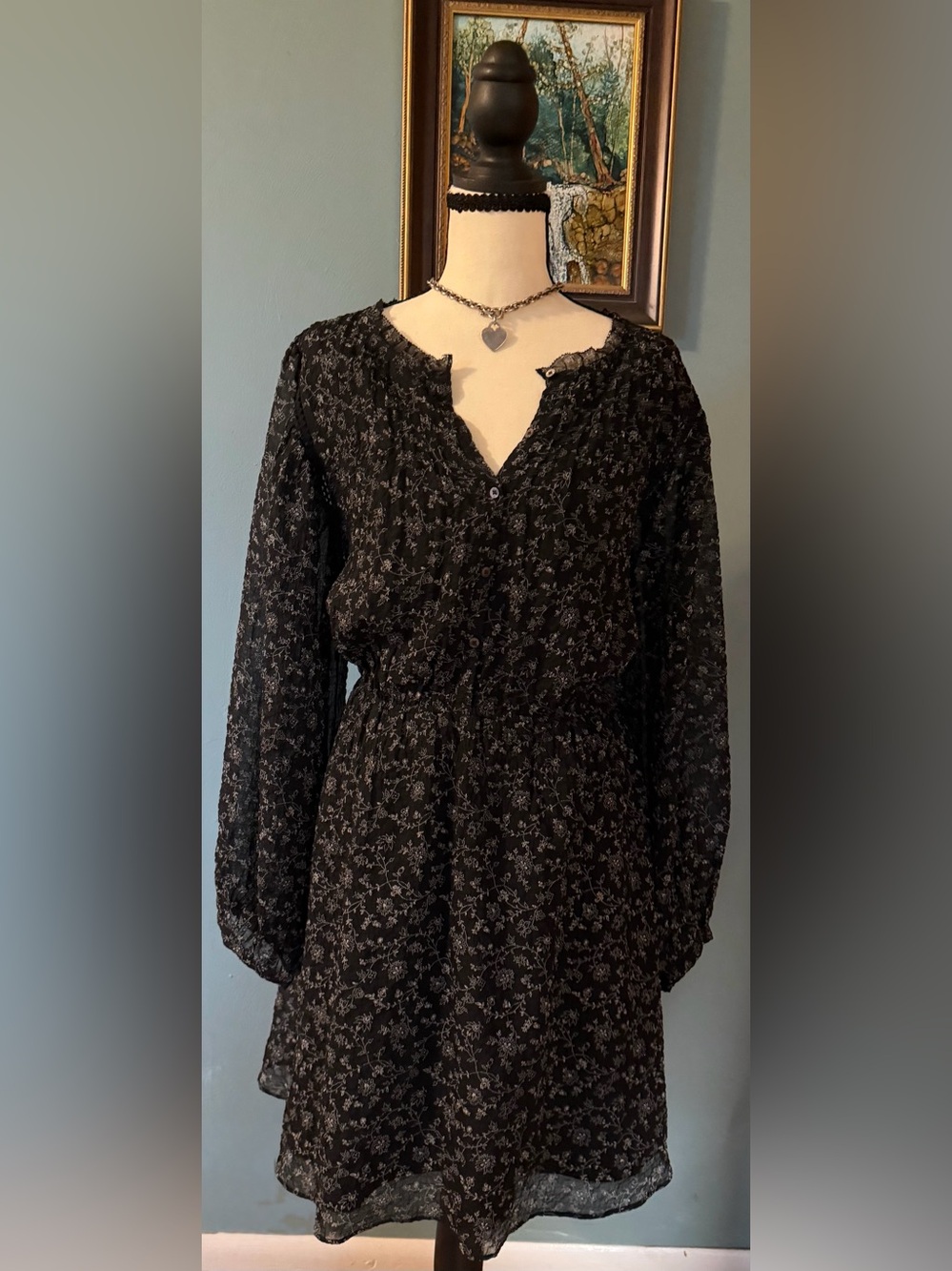 NWT Madewell Ruffle-Neck Button-Front Dress Dotted Vines Floral Black XL HTF